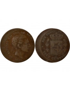 Espagne Alphonse XII d'Espagne Fautée 10 centimos Cuivre 1879 Barcelone