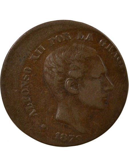 Espagne Alphonse XII d'Espagne Fautée 10 centimos Cuivre 1879 Barcelone