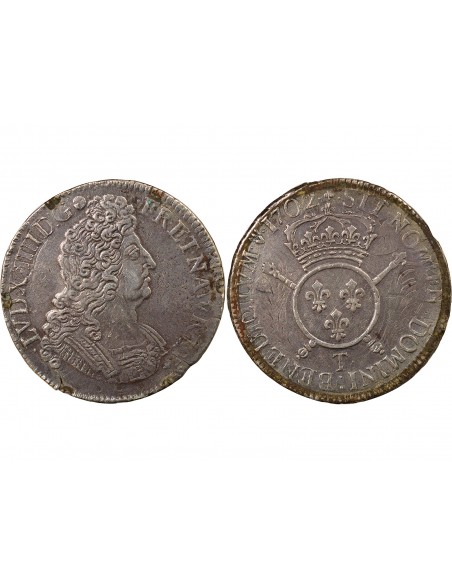 Louis XIV Aux Insignes 1 écu Argent 1702 T Nantes