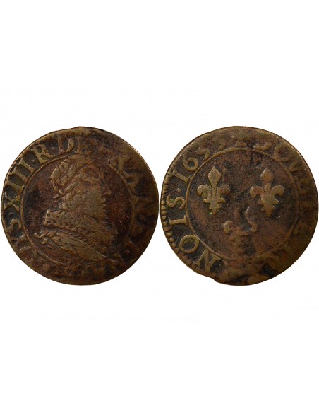 Louis XIII Type 1 1 double tournois Cuivre 1633 E Tours
