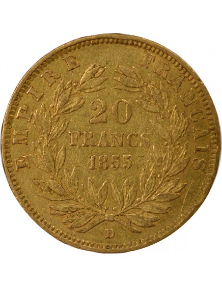 Napoléon III Tête nue 20 francs Or 1855 D Lyon