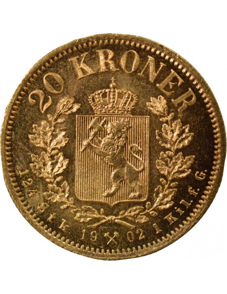 Norvège Oscar II 20 kroner Or 1902 Kongsberg