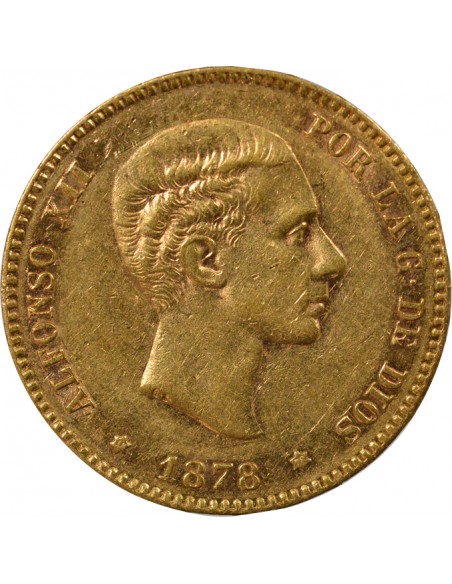 Espagne Alphonse XII d'Espagne Portrait Jeune 25 pesetas Or 1878 AI Madrid
