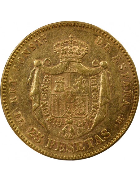 Espagne Alphonse XII d'Espagne Portrait Jeune 25 pesetas Or 1878 AI Madrid