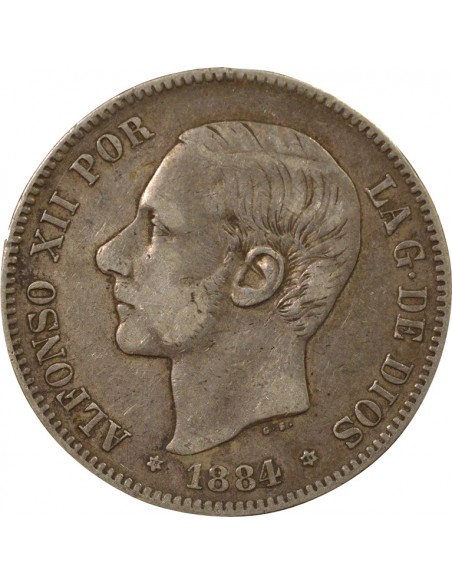 Espagne Alphonse XII d'Espagne 3e Portrait 5 pesetas Argent 1884 M Madrid