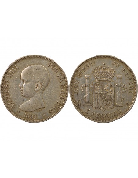 Espagne Alphonse XIII d'Espagne 1er Portrait 5 pesetas Argent 1891 AI Madrid