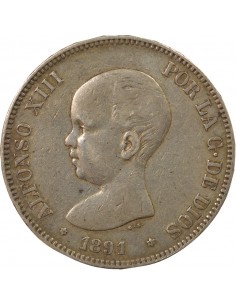 Espagne Alphonse XIII d'Espagne 1er Portrait 5 pesetas Argent 1891 AI Madrid 2