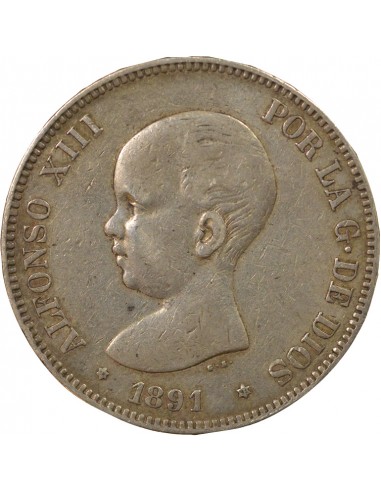 Espagne Alphonse XIII d'Espagne 1er Portrait 5 pesetas Argent 1891 AI Madrid