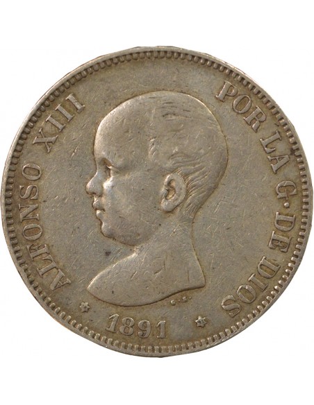 Espagne Alphonse XIII d'Espagne 1er Portrait 5 pesetas Argent 1891 AI Madrid