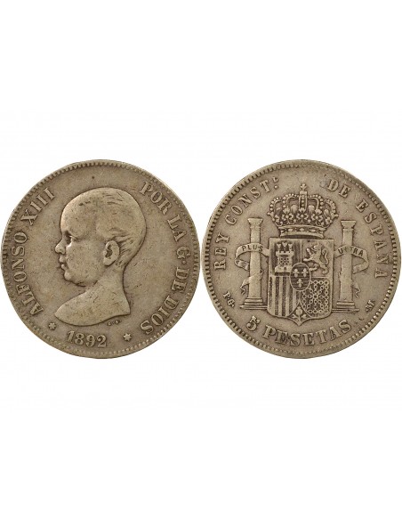 Espagne Alphonse XIII d'Espagne 1er Portrait 5 pesetas Argent 1892 AI Madrid