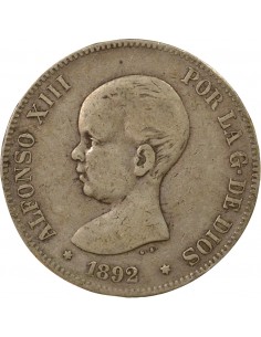 Espagne Alphonse XIII d'Espagne 1er Portrait 5 pesetas Argent 1892 AI Madrid 2