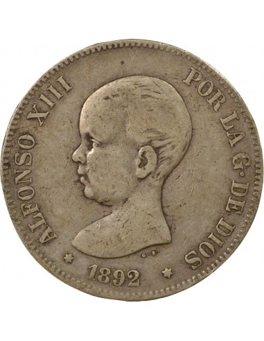 Espagne Alphonse XIII d'Espagne 1er Portrait 5 pesetas Argent 1892 AI Madrid