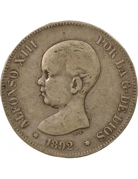 Espagne Alphonse XIII d'Espagne 1er Portrait 5 pesetas Argent 1892 AI Madrid