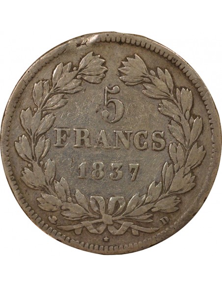 Louis-Philippe Ier Domard  5 francs Argent 1837 D Lyon