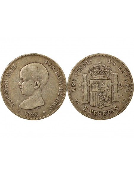 Espagne Alphonse XIII d'Espagne 1er Portrait 5 pesetas Argent 1888 AI Madrid