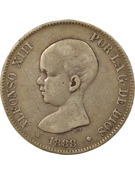 Espagne Alphonse XIII d'Espagne 1er Portrait 5 pesetas Argent 1888 AI Madrid