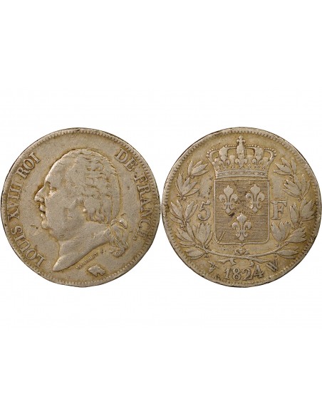 Louis XVIII Tête nue 5 francs Argent 1824 W Lille