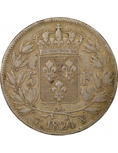 Louis XVIII Tête nue 5 francs Argent 1824 W Lille