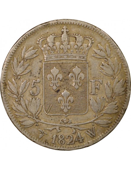 Louis XVIII Tête nue 5 francs Argent 1824 W Lille