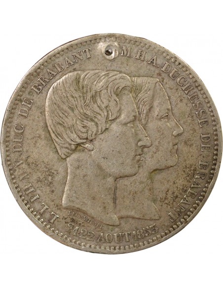 Belgique Léopold Ier Mariage Ducal 5 francs Argent 1853 B. Bruxelles