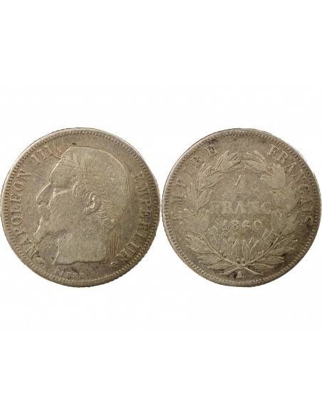 Napoléon III Tête nue 1 franc Argent 1860 A - Paris