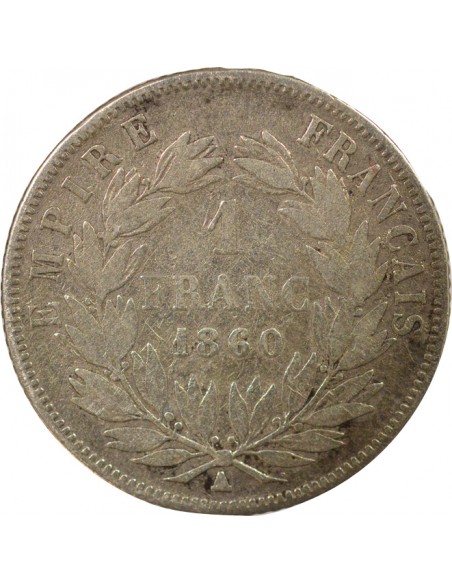 Napoléon III Tête nue 1 franc Argent 1860 A - Paris