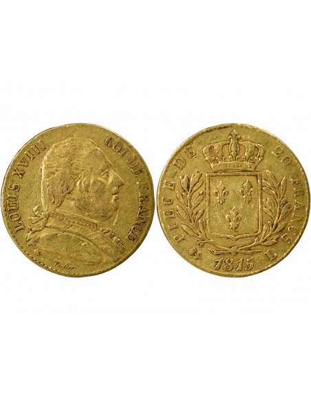 Louis XVIII Buste Habillé 20 francs Or 1815 L Bayonne