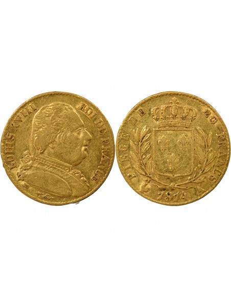 Louis XVIII Buste Habillé 20 francs Or 1814 A - Paris