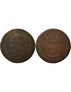 Louis XVI A l'Ecu Double Tournois Cuivre 1791 D Lyon