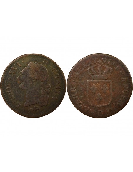 Louis XVI A l'Ecu Double Tournois Cuivre 1791 D Lyon