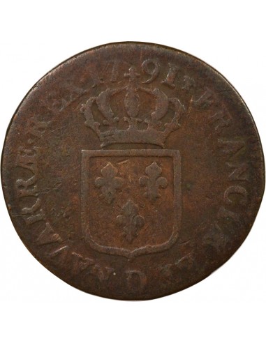 Louis XVI A l'Ecu Double Tournois Cuivre 1791 D Lyon