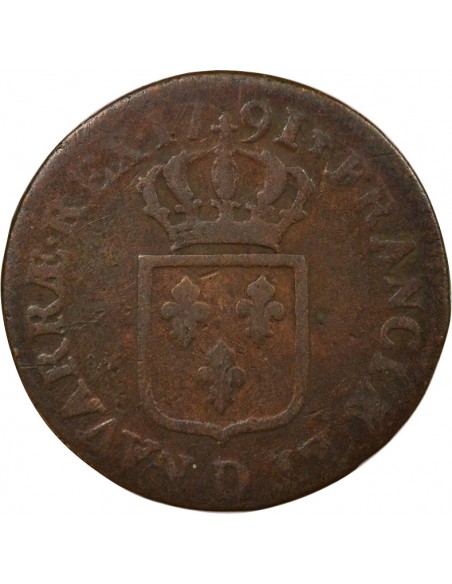 Louis XVI A l'Ecu Double Tournois Cuivre 1791 D Lyon