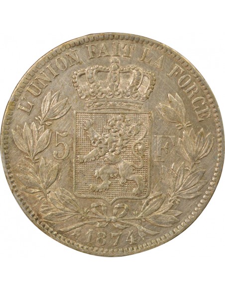 Belgique Léopold II 5 francs Argent 1874 B. Bruxelles