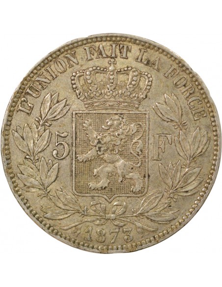 Belgique Léopold II 5 francs Argent 1873 B. Bruxelles