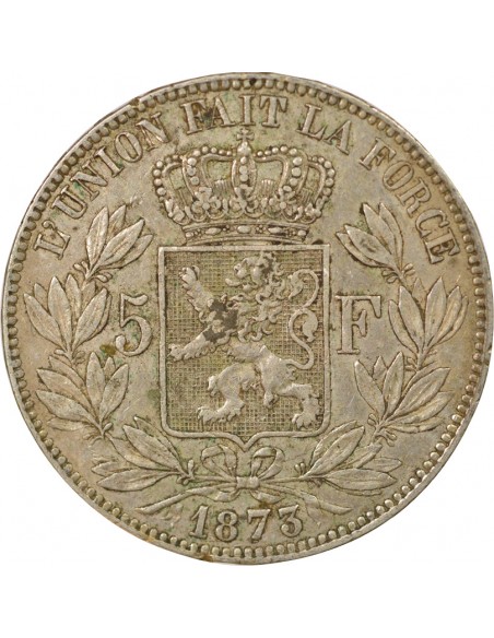 Belgique Léopold II PROTEGE resseré 5 francs Argent 1873 B. Bruxelles
