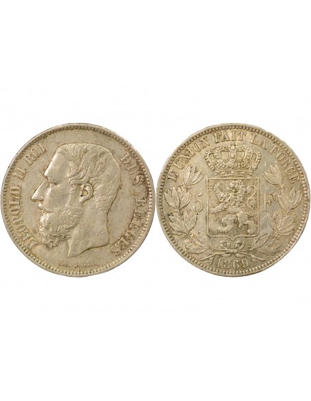 Belgique Léopold II 5 francs Argent 1869 B. Bruxelles