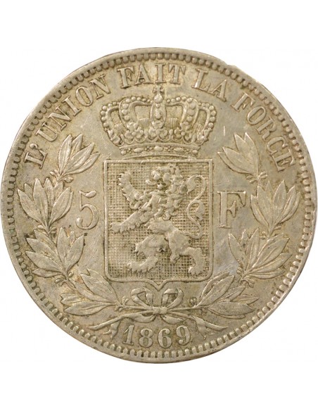 Belgique Léopold II 5 francs Argent 1869 B. Bruxelles