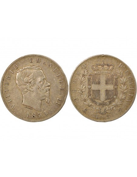 Italie Victor Emmanuel II 5 lire Argent 1874 M Milan