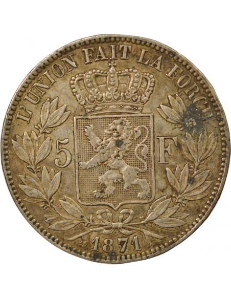 Belgique Léopold II 5 francs Argent 1871 B. Bruxelles