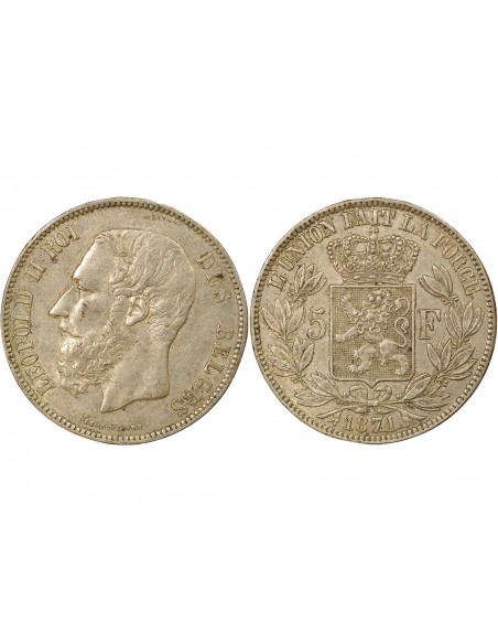 Belgique Léopold II 5 francs Argent 1871 B. Bruxelles