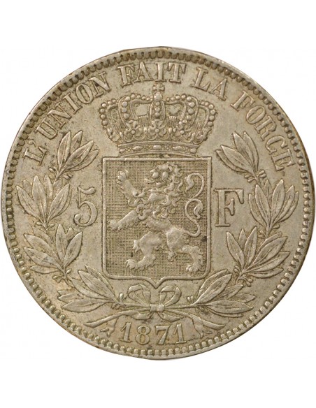 Belgique Léopold II 5 francs Argent 1871 B. Bruxelles