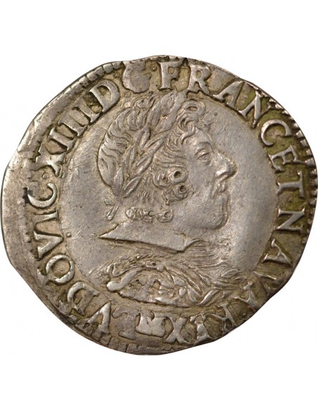 Louis XIII Lauré et au Col Plat 1/2 franc Argent 1628 M Toulouse