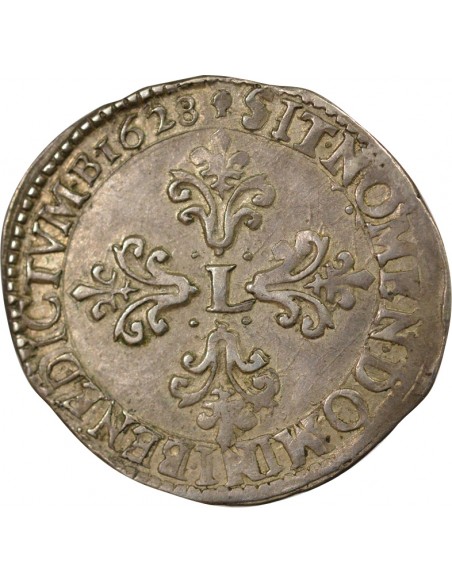 Louis XIII Lauré et au Col Plat 1/2 franc Argent 1628 M Toulouse