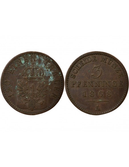 Etats Allemands (Prusse) Guillaume I de Prusse 3 pfennig Cuivre 1868 A Berlin