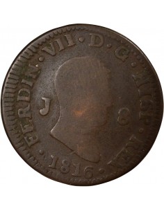 Espagne Ferdinand VII 1er Portrait 8 maravedis Cuivre 1816 J Jubia (J ou JA) 2