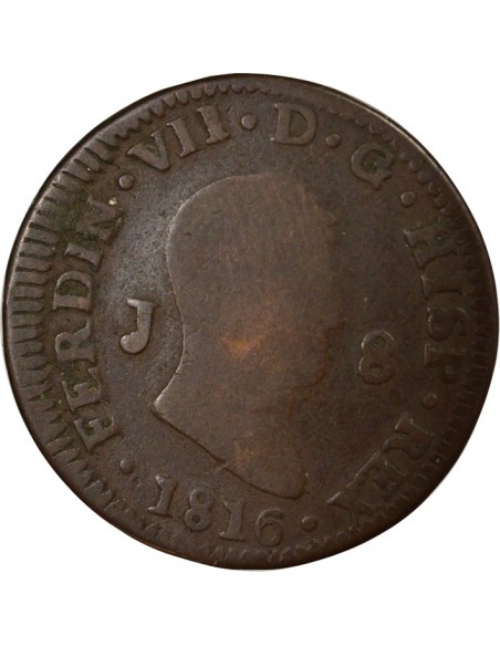 Espagne Ferdinand VII 1er Portrait 8 maravedis Cuivre 1816 J Jubia (J ou JA)