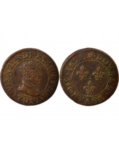 Louis XIII Type 6 1 double tournois Cuivre 1628 D Lyon