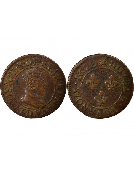 Louis XIII Type 6 1 double tournois Cuivre 1628 D Lyon