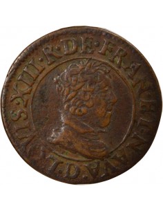 Louis XIII Type 6 1 double tournois Cuivre 1628 D Lyon 2