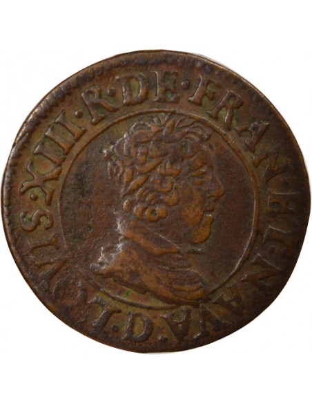 Louis XIII Type 6 1 double tournois Cuivre 1628 D Lyon